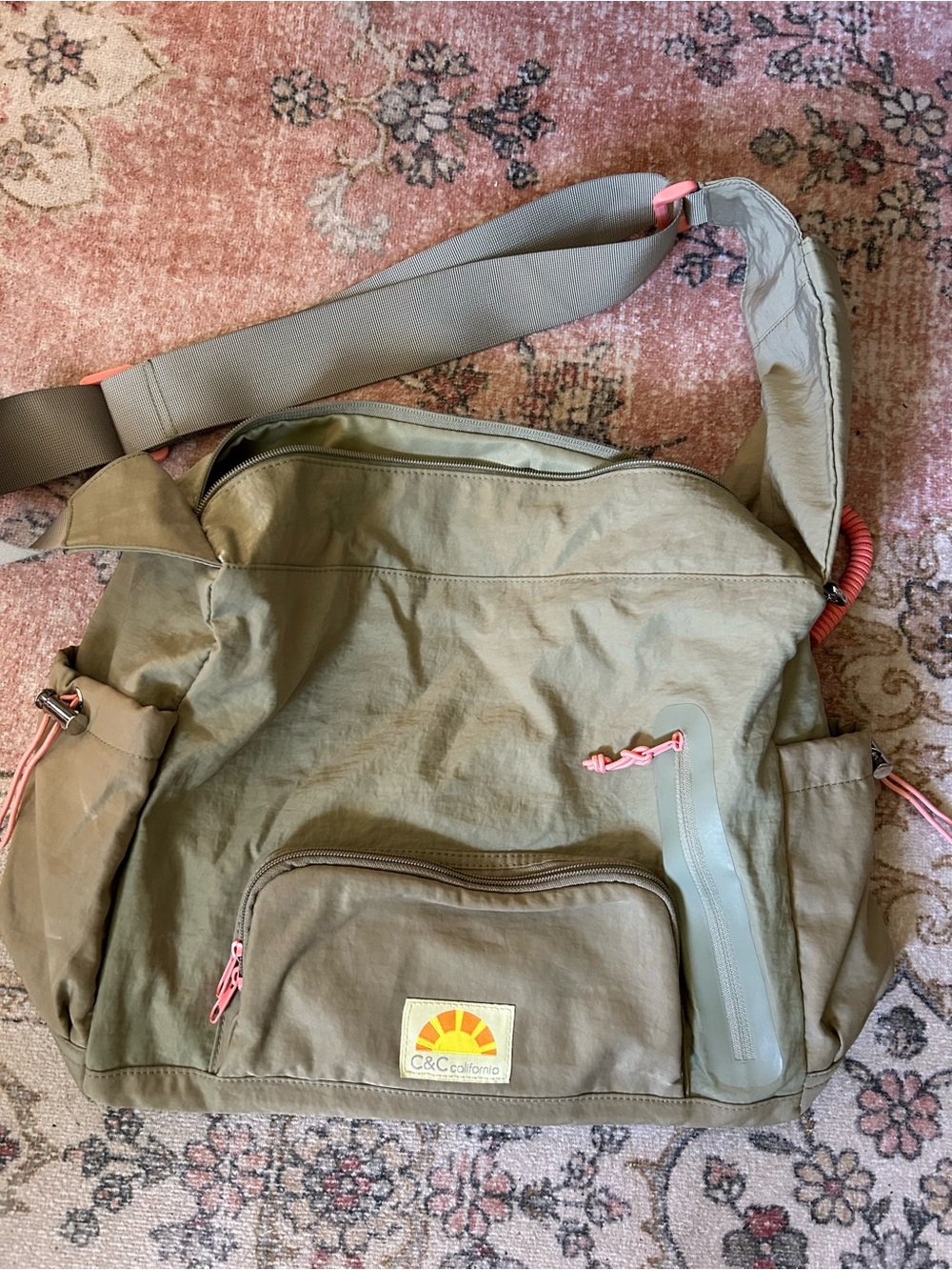 C&C California Olive Messenger Bag with Pink Trim